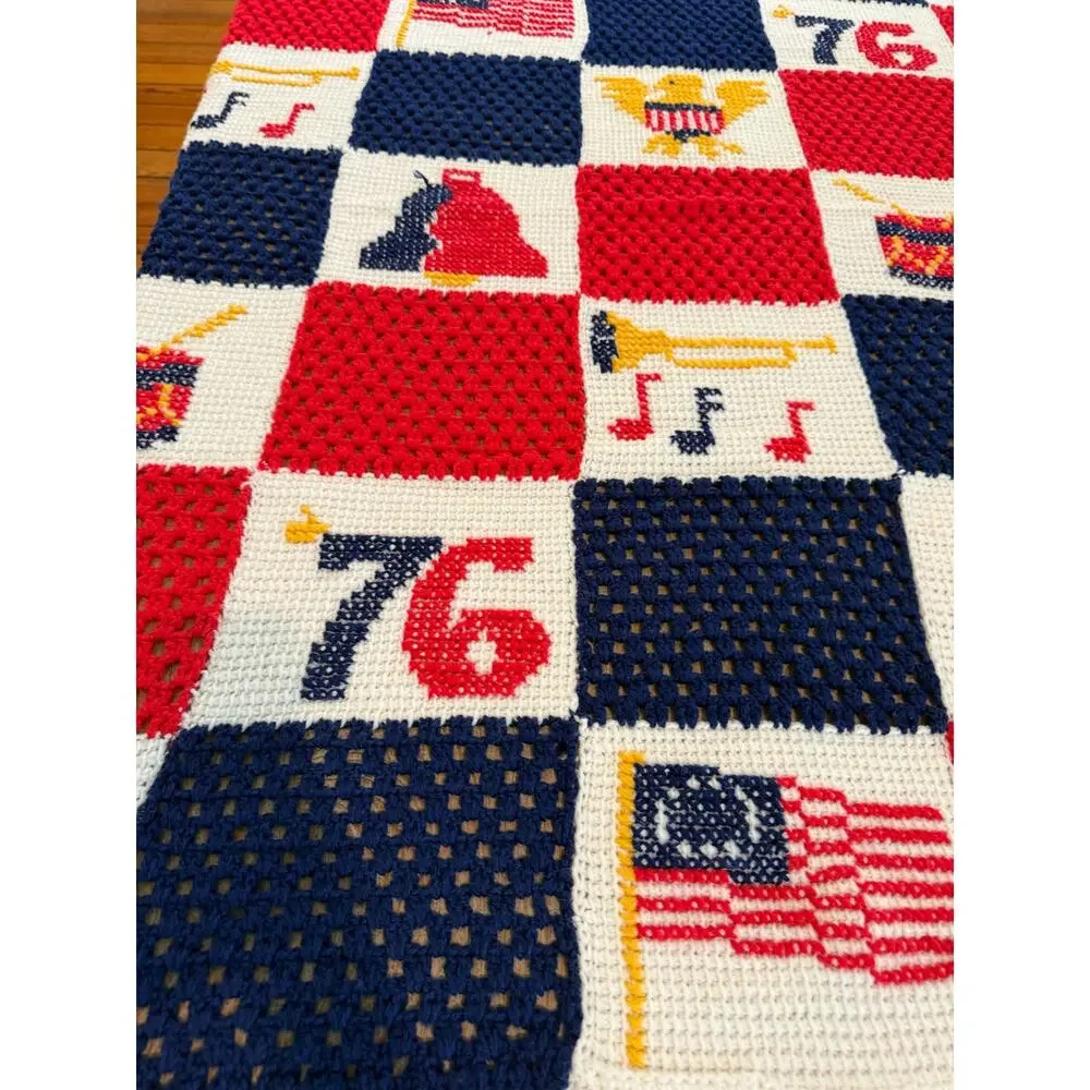 Amazing Vintage Patriotic Granny Square Afghan Throw Blanket 1976 Bi Centennial